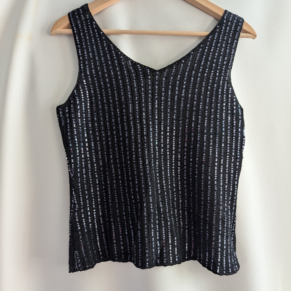 Sigrid Olsen Black Silk Blend Silver Sequin Stripes Sleeveless Knit Pullover Top - Picture 7 of 14